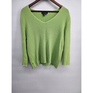 Lauren Ralph Lauren Green‎ Cable Knit V-Neck Cotton Sweater Large L